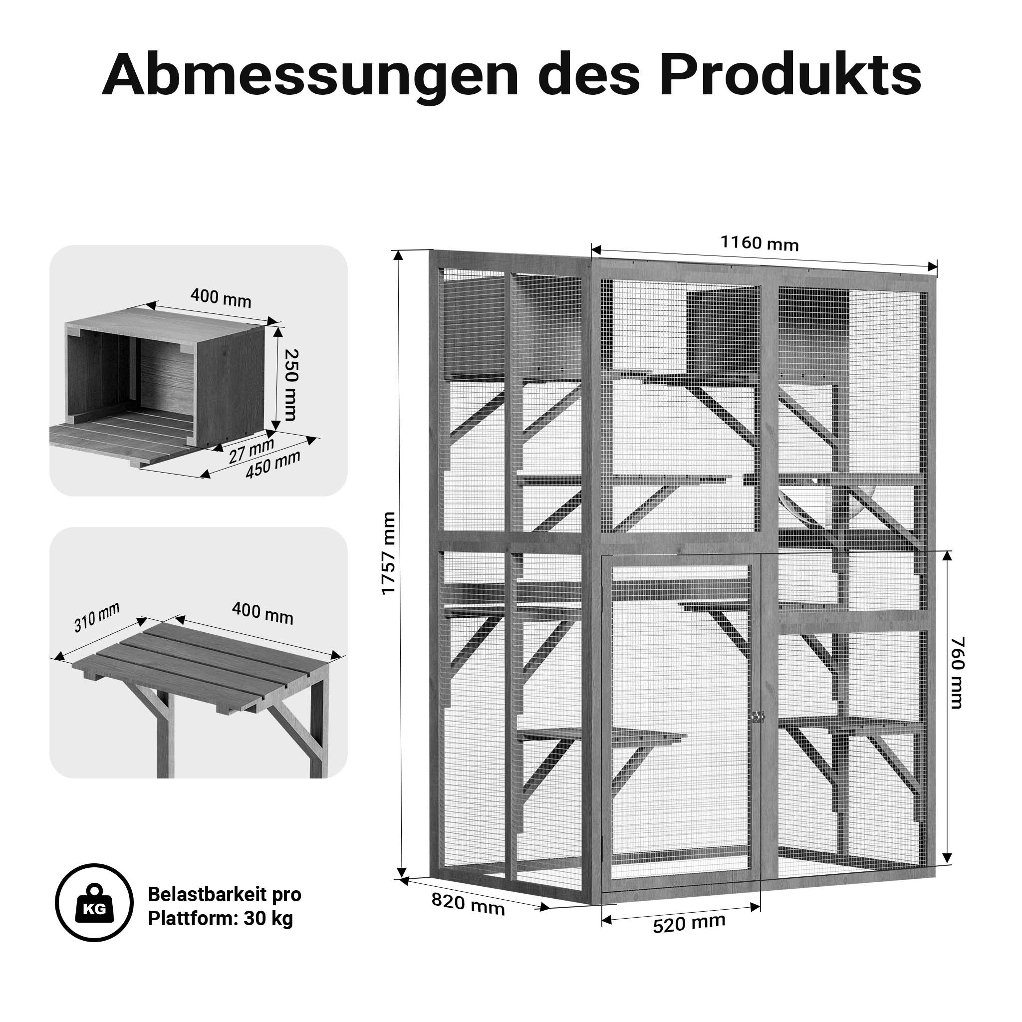 Recinto per gatti da esterno 116 x 82 x 175,7 cm, legno, tetto in PVC, 5 livelli, recinto per gatti per giardino, balcone, rifugi