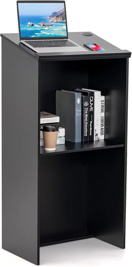 GIANTEX Podio, supporto hostess per oratori con ripiano e fori via cavo, pulpito per chiesa, scrivania in legno per aule, ufficio, ristorante, seminario, 58 x 40 x 117 cm, nero, FE43948GNDE