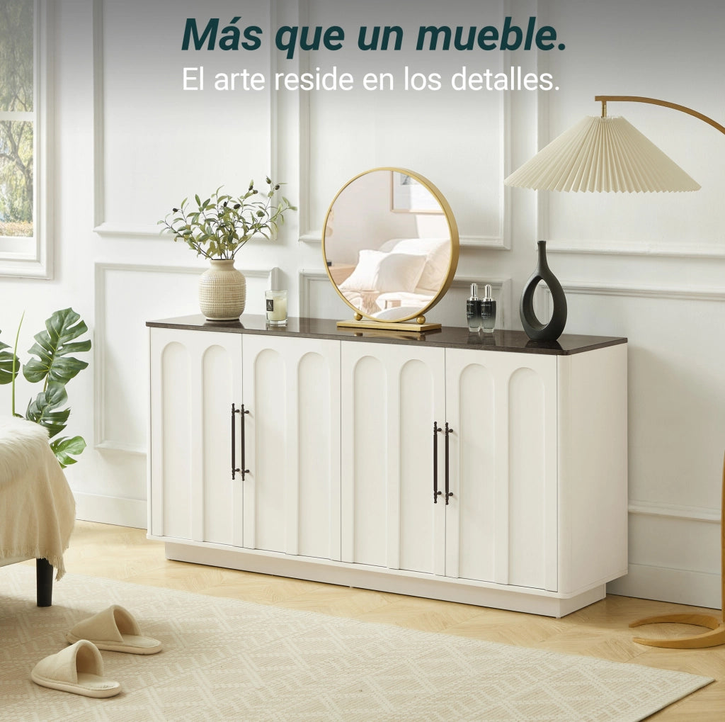 Sideboard con 4 porte, chiusura ammortizzata e fissaggio anticaduta, 160 cm, bianco e nero