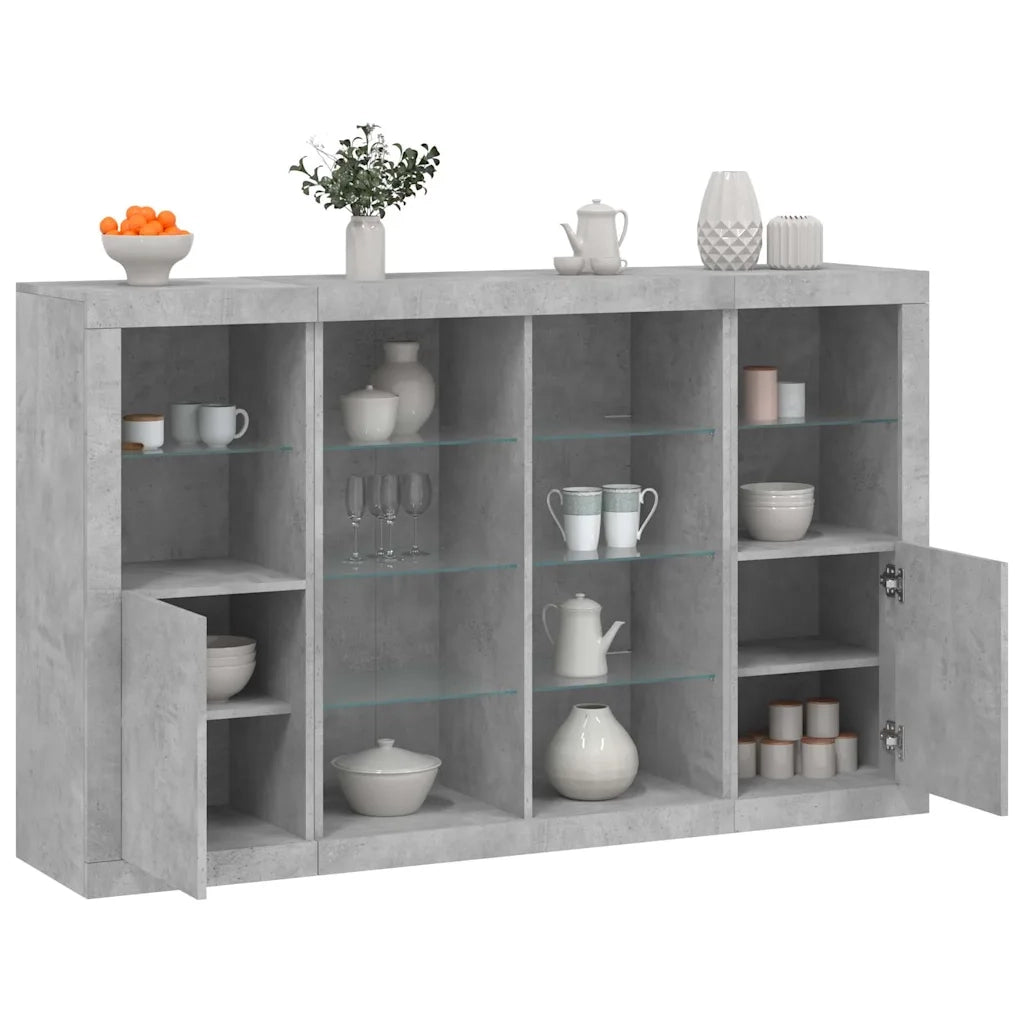 Credenze con Luci LED 3 pz | Madia | Buffet da pranzo | Armadio da pranzo Grigio Cemento in Legno Multistrato