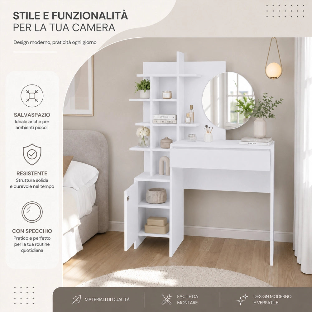 Postazione Make Up con Specchio Rotondo Bianco Tolette con Mensole 105x35x151 cm
