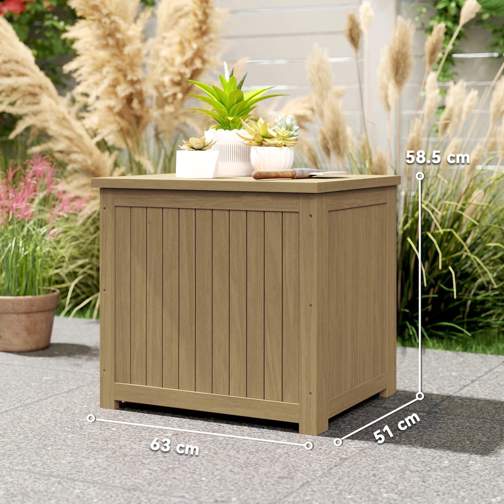 Cassapanca da Esterno 63x51x58,5 cm Capacità 130L con Coperchio Cerniere e Cinghia in Legno Marrone