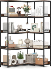 Libreria ad Angolo 180 cm, Libreria a 5 Ripiani a Forma di L con Struttura in Metallo, Scaffale Espositivo Aperto Industriale per Soggiorno Studio Ufficio e Casa, 110 x 89 x 180 cm