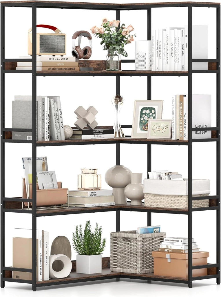 Libreria ad Angolo 180 cm, Libreria a 5 Ripiani a Forma di L con Struttura in Metallo, Scaffale Espositivo Aperto Industriale per Soggiorno Studio Ufficio e Casa, 110 x 89 x 180 cm