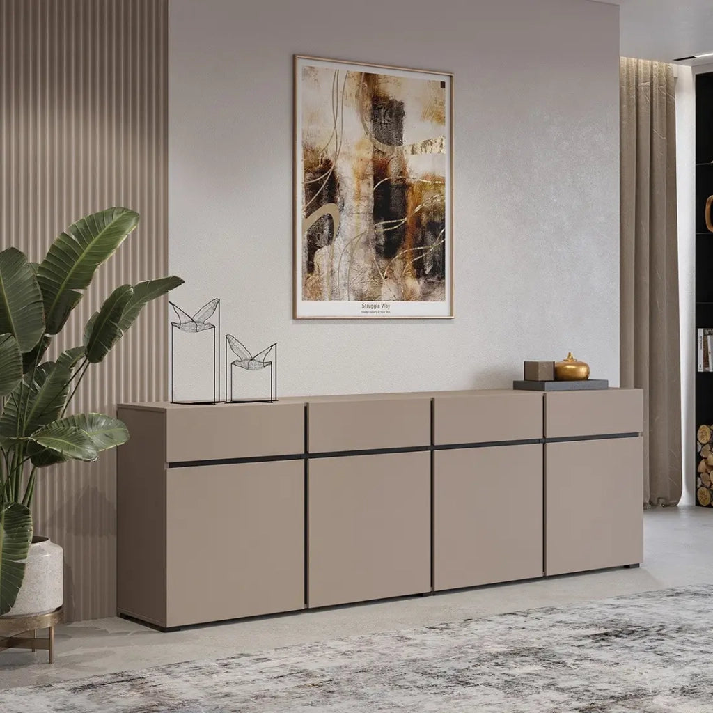 Buffet XL colori beige e nero 225cm collezione HAVANA. Credenza di design con 4 porte e 4 cassetti.