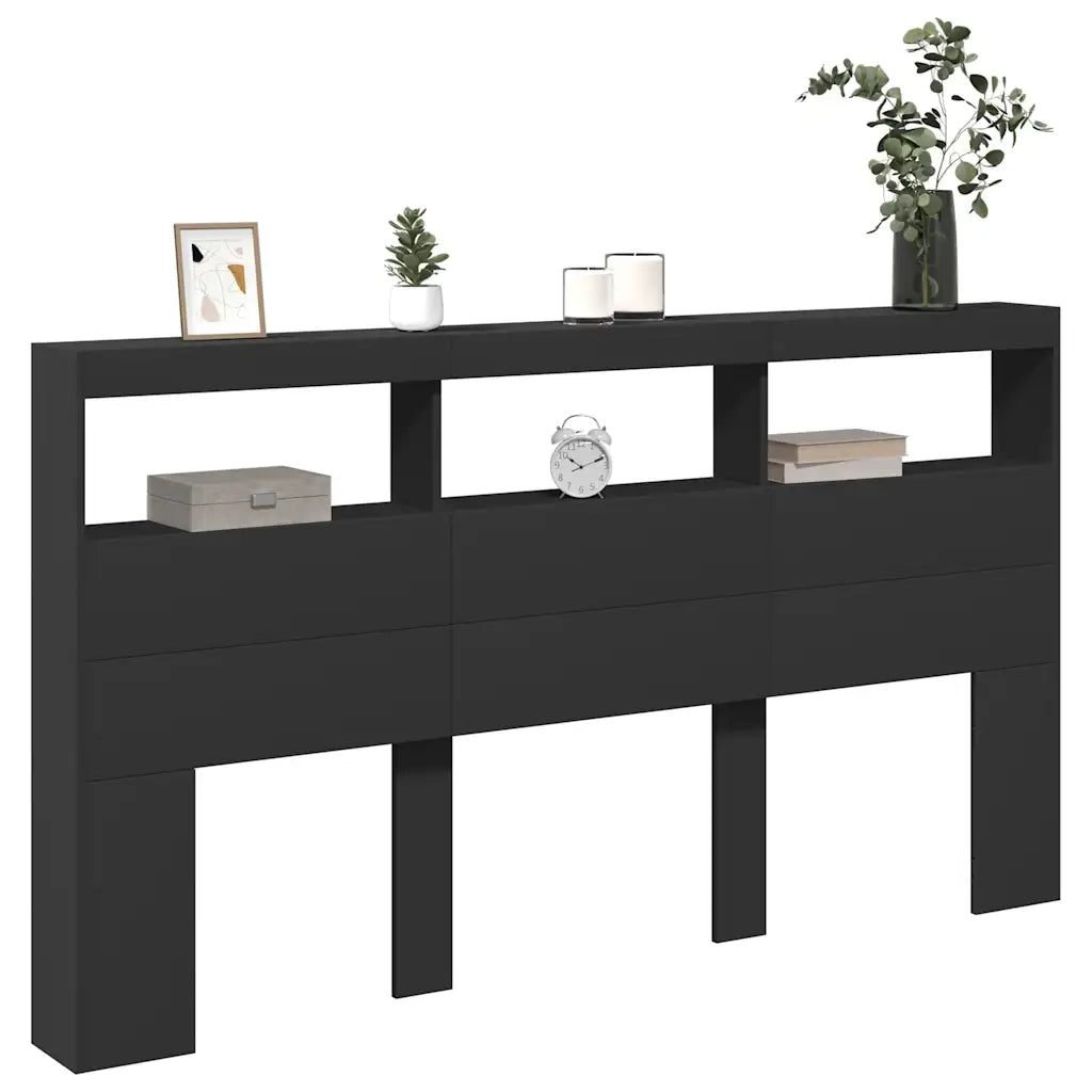 Testiera con Contenitore a LED-Testiera con Ripiani Nera 180x17x102 cm