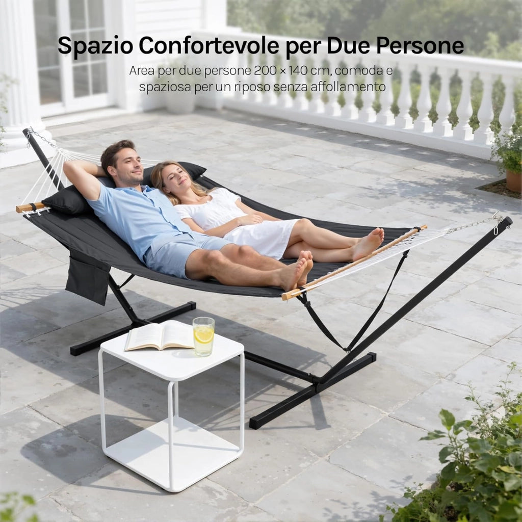 Amaca da Giardino con Supporto, Tasca Laterale e Cuscino, Capacità di Carico 250 kg, Ampia Amaca Doppia per Terrazza, Balcone, Campeggio, Antracite