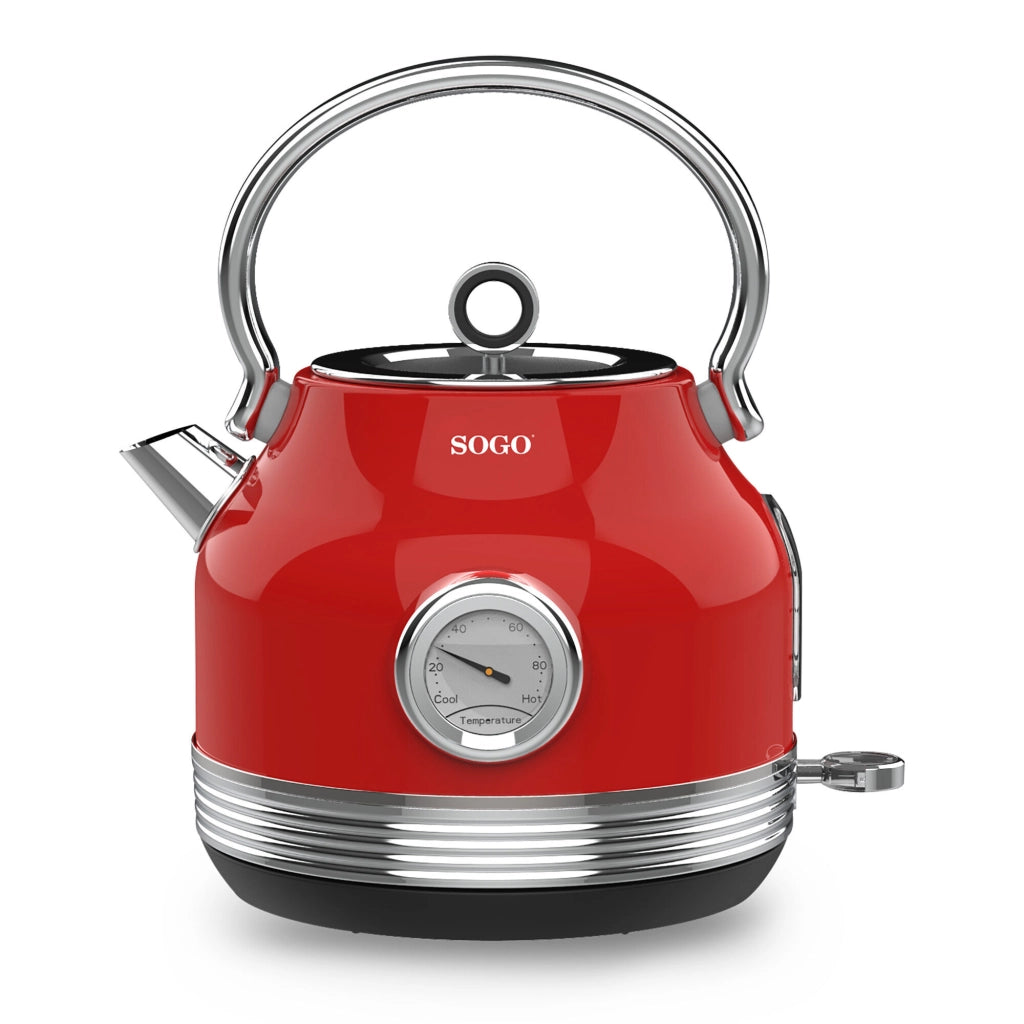 Bollitore elettrico 1,8L 2200W con termometro integrato e base 360°, in acciaio inox per acqua e tè - Sogo