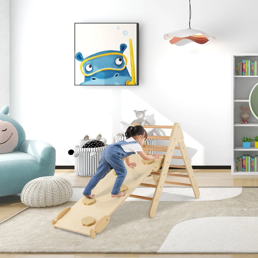 Arrampicata giocattolo a triangolo per bambini 3-in-1, Arrampicatore con rampa di scivolo a 2 lati Naturale-Giocattoli educativi