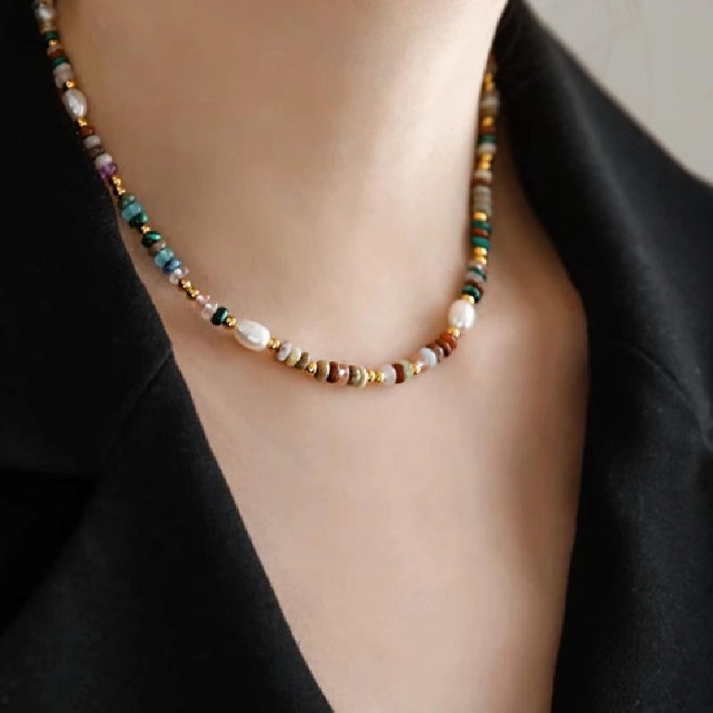 Collana vintage con perline di cristallo naturale e perle d'acqua dolce, regalo di Natale o compleanno.