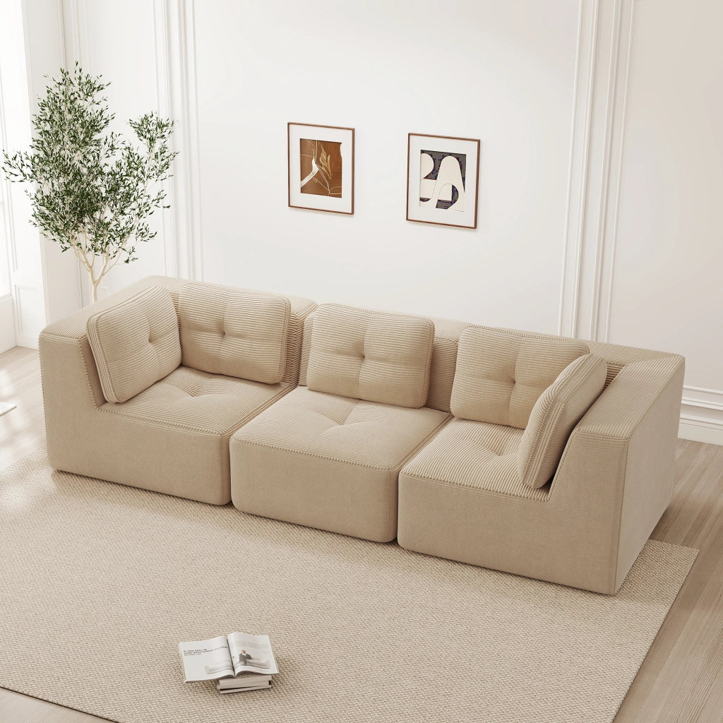 Divano angolare modulare senza struttura in tessuto corduroy con seduta profonda e comfort morbido beige