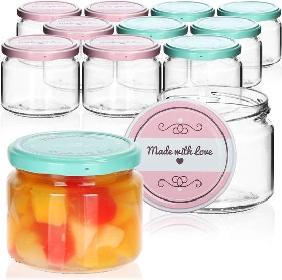 Set di 12 contenitori con coperchio a vite in verde e rosa 250 ml