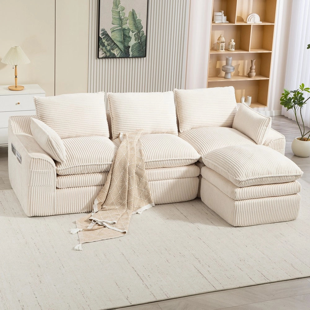 Divano 3 Posti con Poggiapiedi e Cuscini in Tessuto ¨C Xylo ¨C Beige