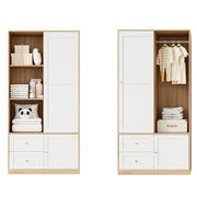 Armadio con porta scorrevole; 2 cassetti e ripiani; in MDF; bianco e legno; per camera da letto; 90×50×180 cm