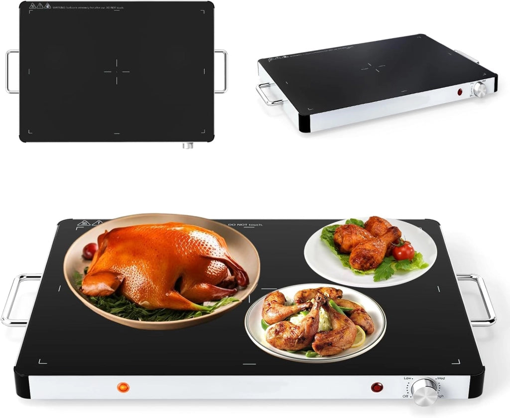 Vassoio Scaldavivande Elettrico 300 W, Scalda Vivande Temperatura Regolabile 50-120℃, Vassoio 56 X 36 CM, con Maniglia Cool-Touch, Superficie in Vetro Temperato, per Famiglia, Feste, Picnic
