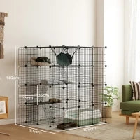 Gabbia per Gatti Modulabile a 4 Livelli con Piattaforme, Rampe e 5 Porte, in Acciaio e PP, 105x105x140 cm, Nero