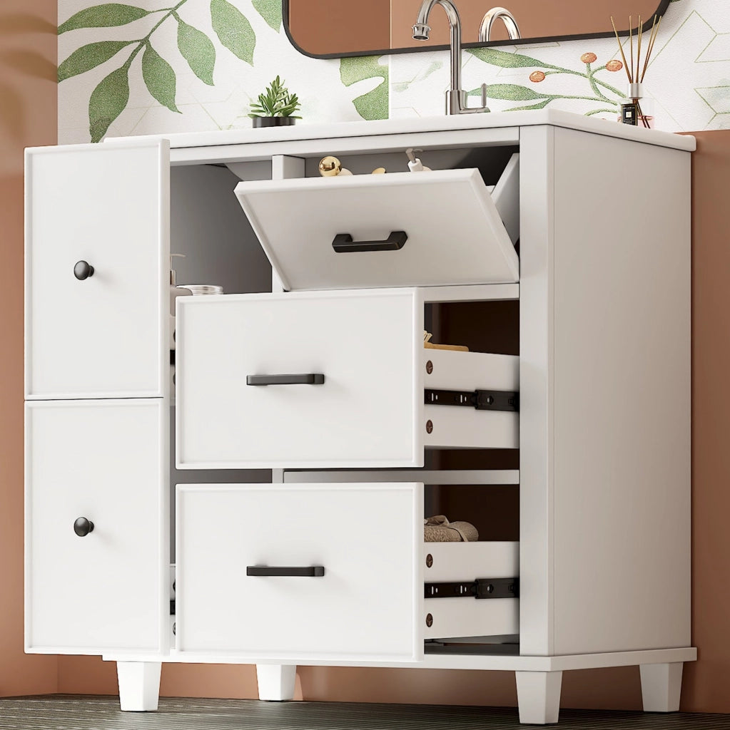 Mobile bagno bianco con lavabo in ceramica e 5 vani