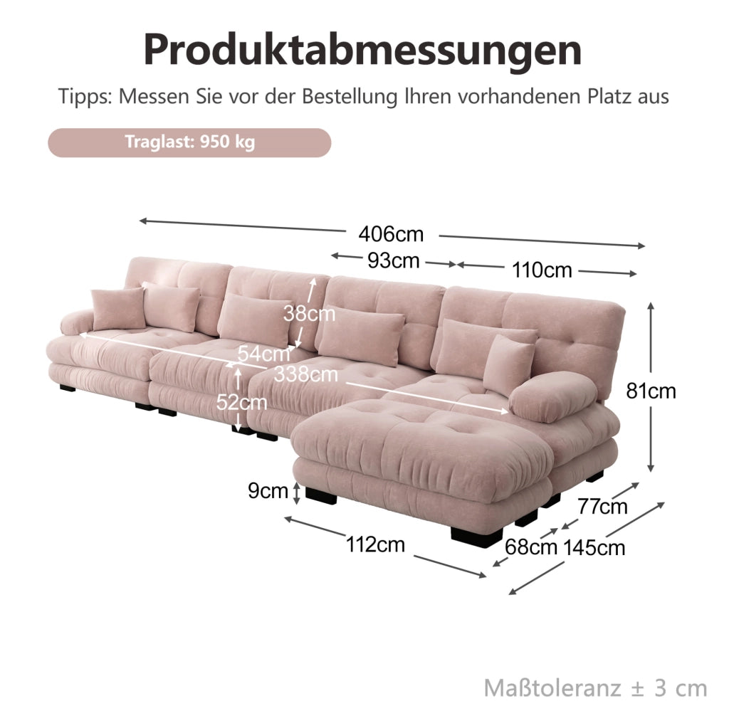 Divano modulare 4 posti con ottomane mobili 406x145x81 cm in chenille rosa