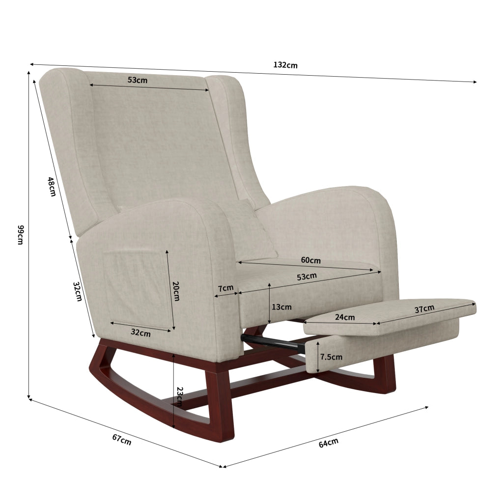 Poltrona relax a dondolo 67x64x99 cm con poggiapiedi; sedia a dondolo da interno per allattamento struttura in legno e velluto opaco; beige