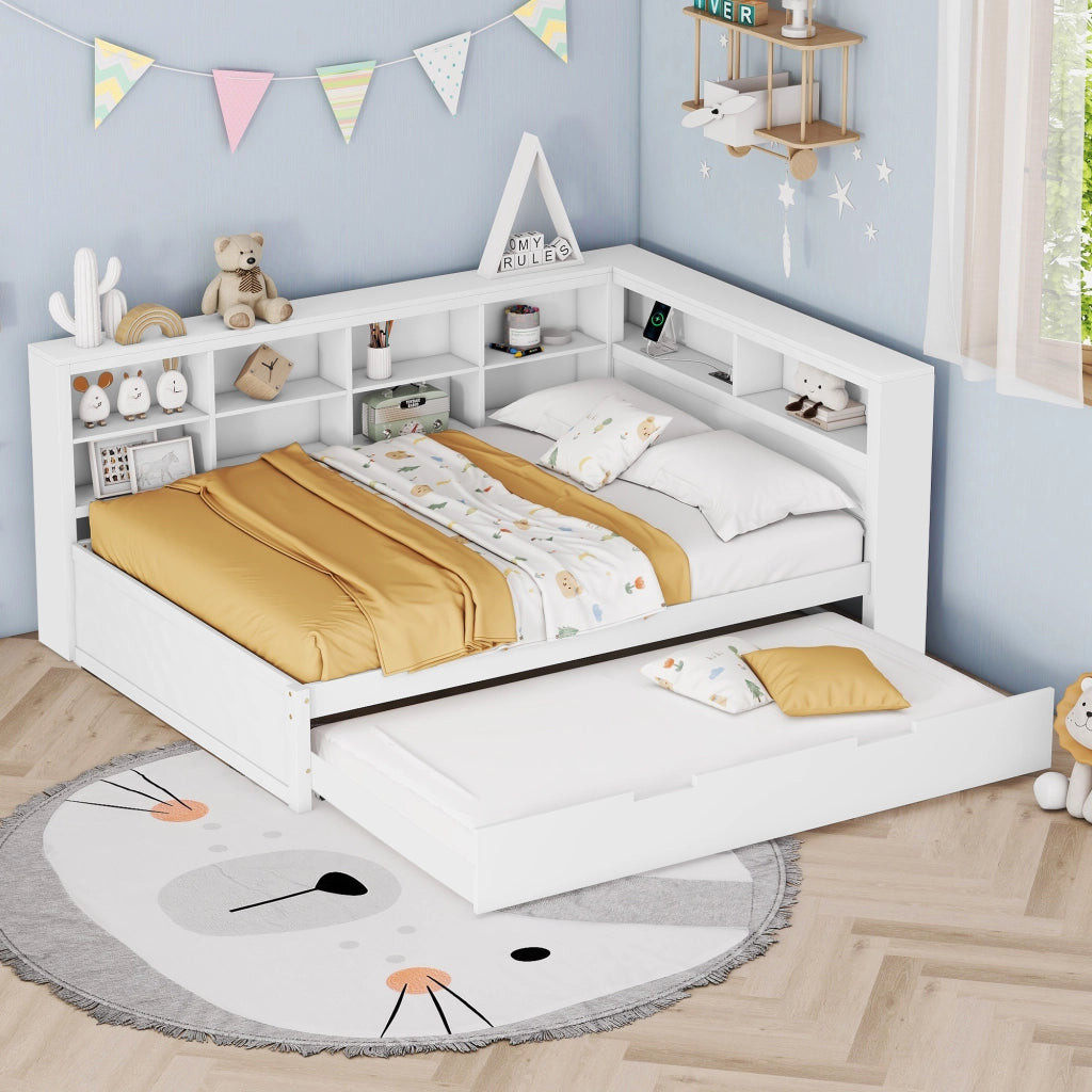 OKWISH Letto a Scomparsa 140×200 cm e 90×190 cm, Letto 3 Posti con USB, Vani Portaoggetti e Contenitori, senza Materasso, in Legno, Bianco