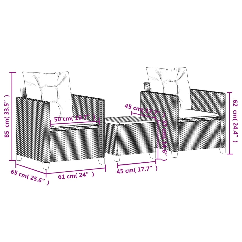 Set da Bistrò 3 pz con Cuscini Grigio Polyrattan e Legno Acacia 366310