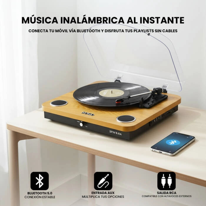 Giradischi vinile con altoparlanti integrati, Bluetooth, USB, 3 velocità 33/45/78 RPM, dischi 7-10-12 pollici - SOGO