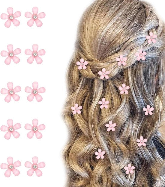 Mini Spilloni di Capelli con Fiori Rosa e Pietre Strass - Set da 10 pezzi | Carini Spilloni Decorativi per Fiori di Capelli per Matrimoni