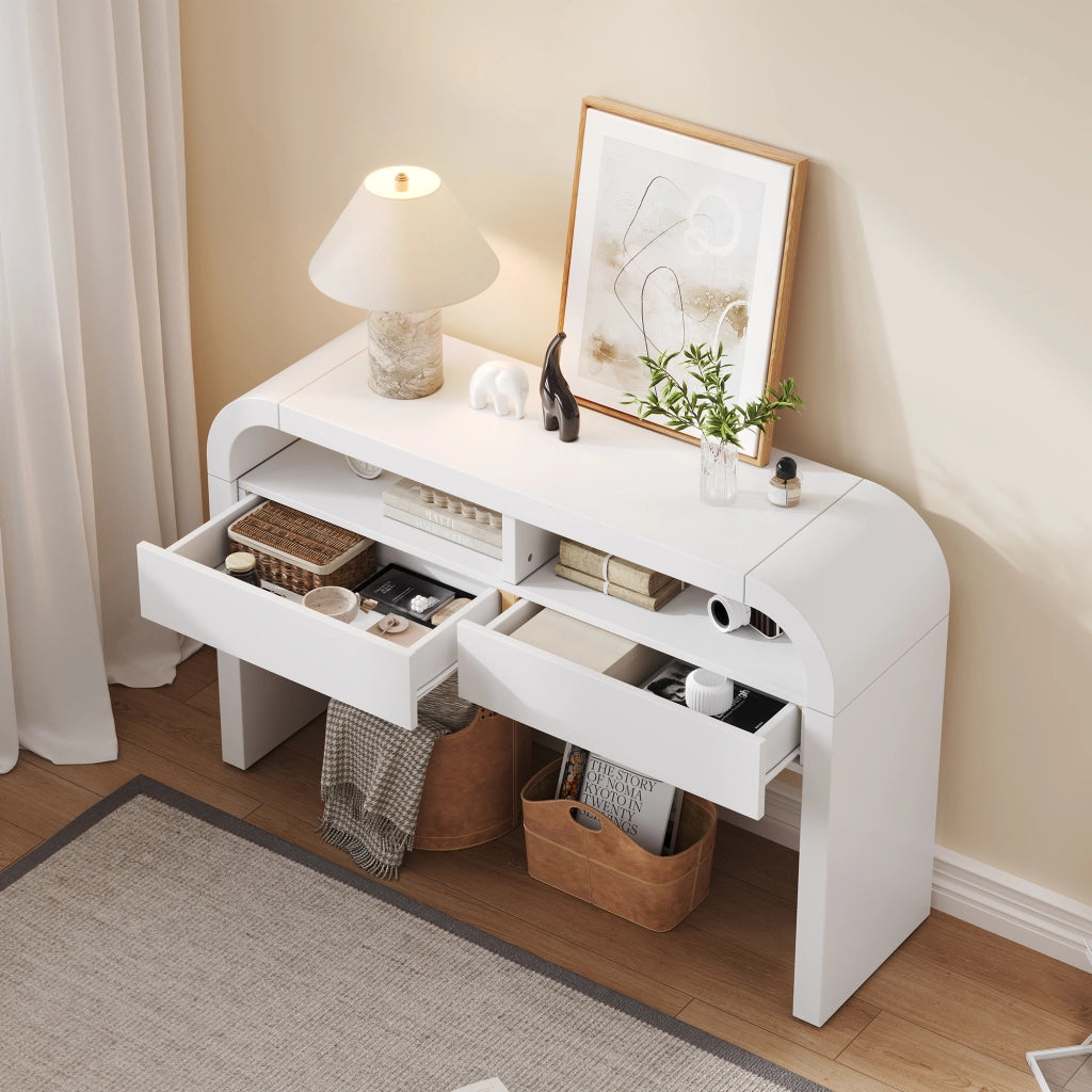 Consolle con 2 cassetti e vani aperti, piedini regolabili, per ingresso e soggiorno, in MDF bianco 120 × 35,5 × 76,5 cm