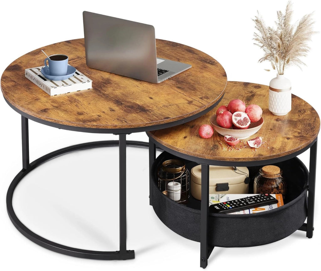 Tavolino da caff¨¨ rotondo con ripiano in legno e gambe in metallo ¨C zephmum ¨C marrone, 80x60 cm
