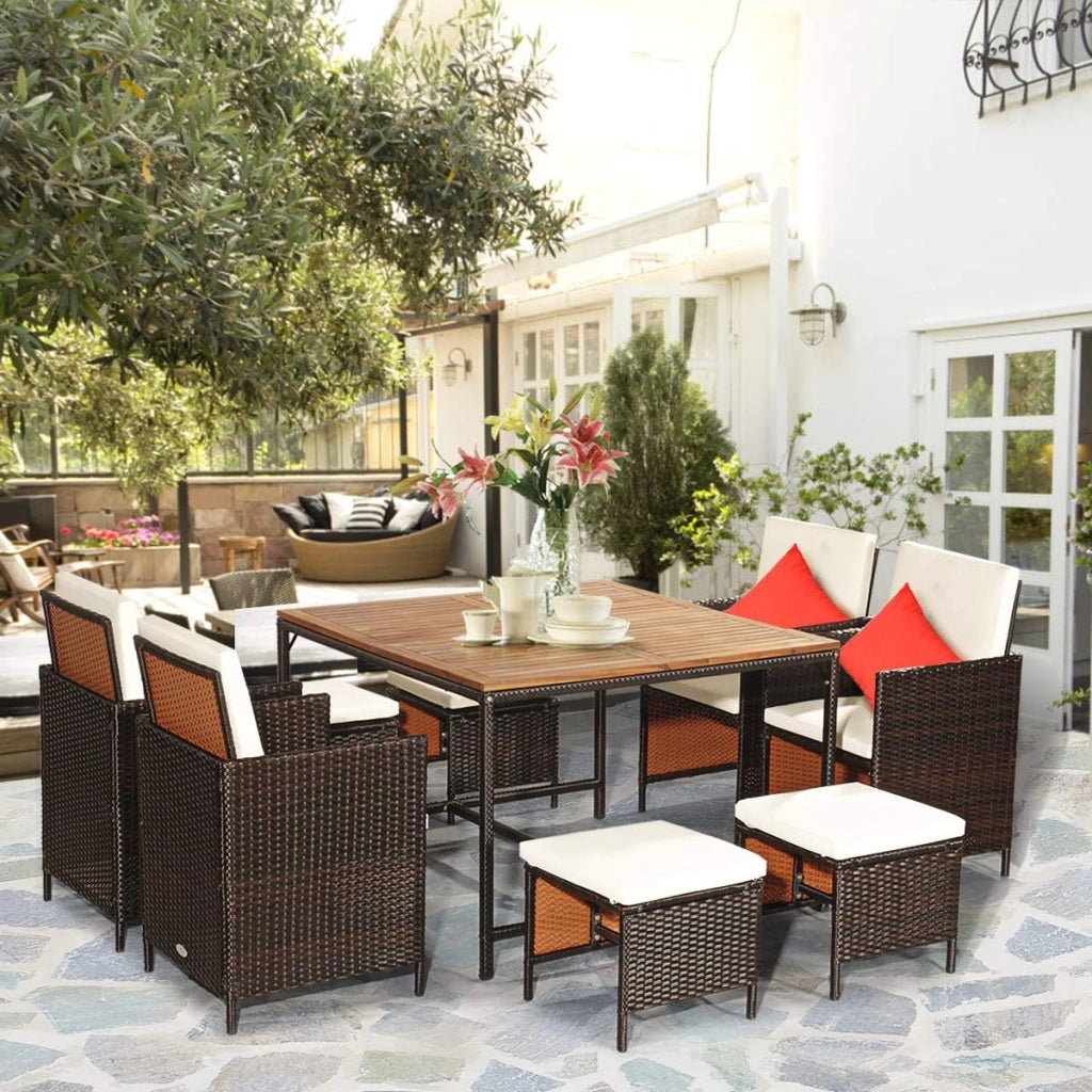 Set di mobili da giardino 8 sedie con tavolo, set da 9 mobili da giardino in rattan, con tavolo da balcone, 4 sedie da pranzo e 4 sgabelli scorrevoli (cuscini beige), KZ03907