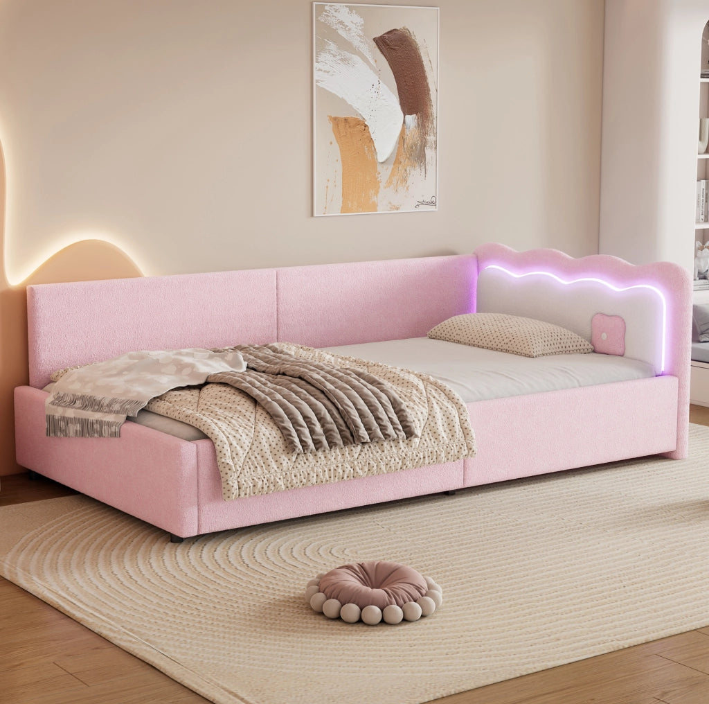 Letto 90x200 cm con illuminazione LED e testiera colour blocking rosa