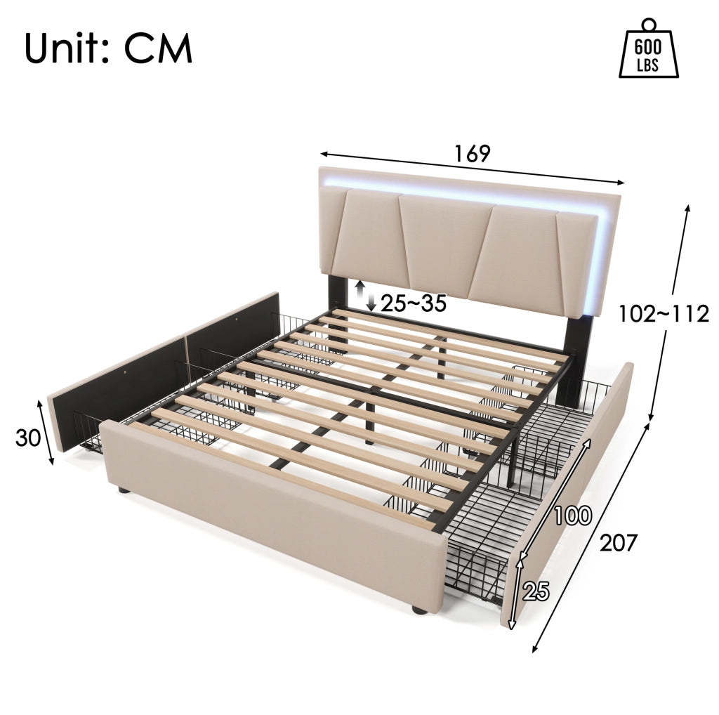 Letto matrimoniale 160x200 cm con LED; testiera regolabile e 4 cassetti; beige