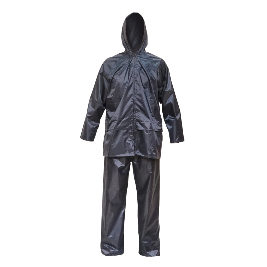 Completo impermeabile taglia XL con cappuccio e pantaloni in poliestere e PVC, blu navy Breckner Germany.