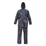 Completo impermeabile taglia XL con cappuccio e pantaloni in poliestere e PVC, blu navy Breckner Germany.