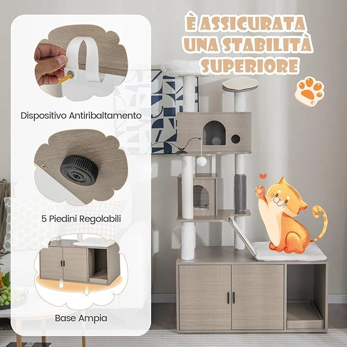 Albero per Gatti con Mobile per Lettiera, Torre per Gatti Moderna 2-in-1 con Doppie Cucce, Piattaforma Superiore, Pali in Sisal, Tiragraffi, Rampino, Piattaforma e Palline, Grigio