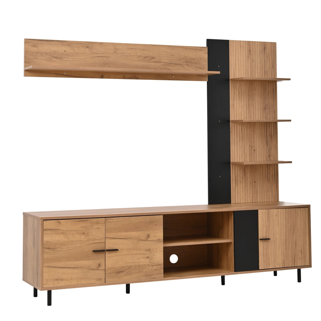 Mobile porta TV con 3 ante e ripiani aperti, per soggiorno, in truciolare, legno e nero, 187,5 × 40 × 167 cm