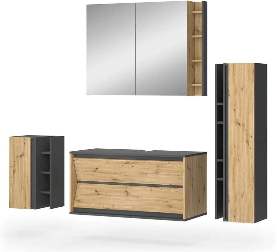 Set di mobili da bagno Edelin, Antracite/Artisan, 80 cm, composto da mobile sottolavabo, specchiera, armadio medio e pensile