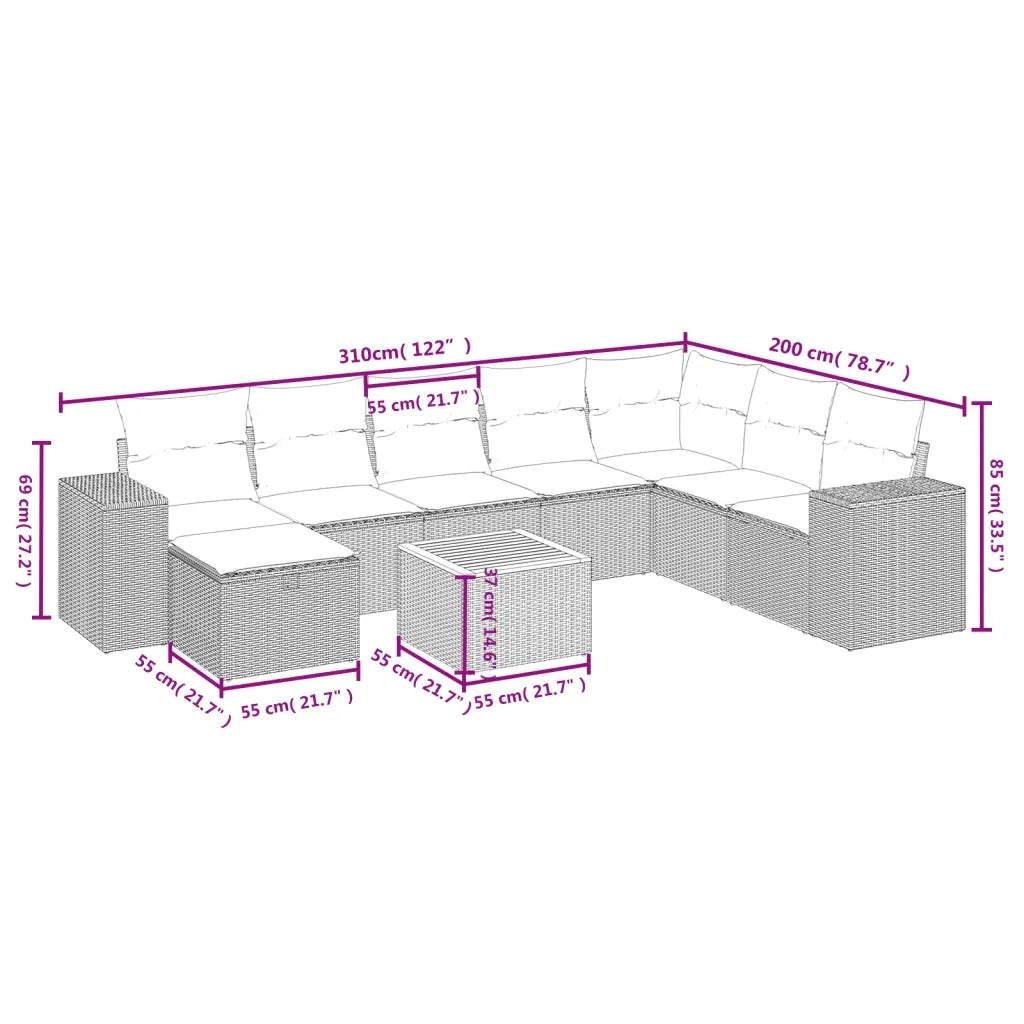 Set Divano da Giardino 9 pz con Cuscini Beige Misto Polyrattan 3265210