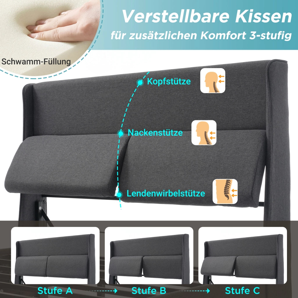 Letto Contenitore Letto Matrimoniale 140 x 200 cm con Testiera Regolabile e Vano Contenitore; senza Materasso