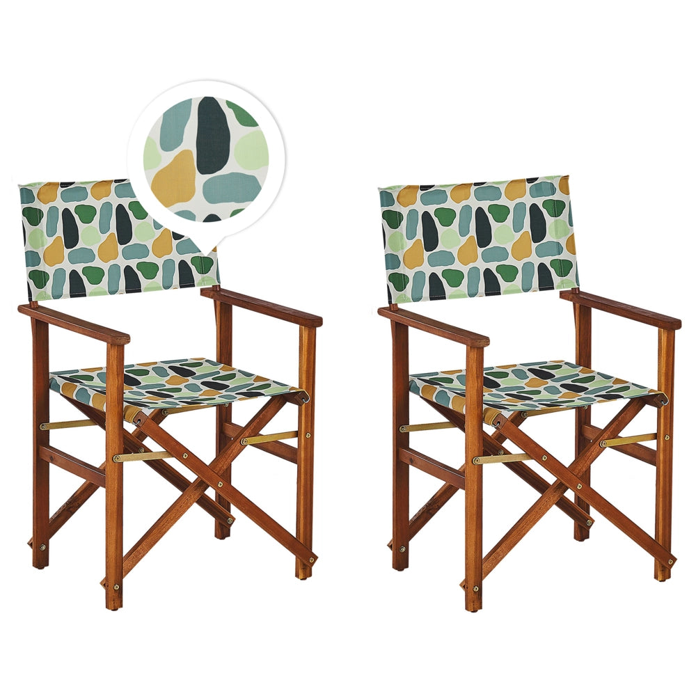 Set di 2 sedie da regista da giardino in legno scuro con tessuto di ricambio in tessuto acacia astratto bianco sporco con 2 Tele intercambiabili