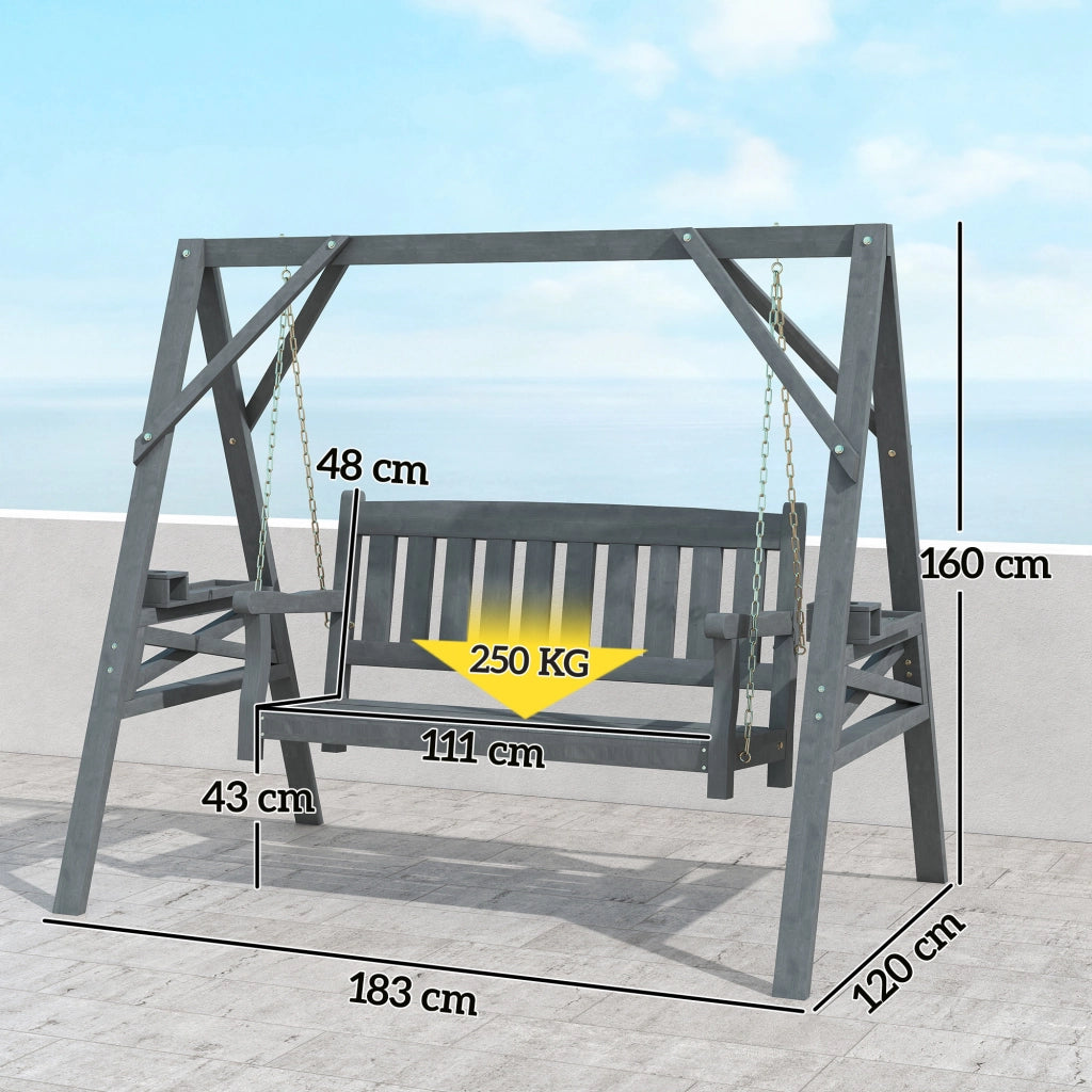 Divanetto a dondolo per giardino 2 posti con ripiani e portabicchieri ¨C zephmum ¨C Legno e metallo grigio 120x80x100 cm
