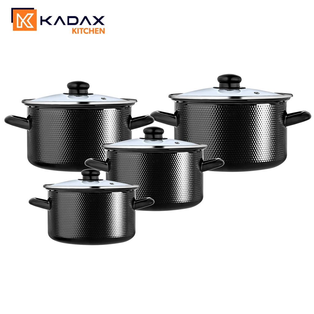 Set di pentole smaltate KADAX 8-El per piani cottura a gas e induzione, tradizionali con coperchio