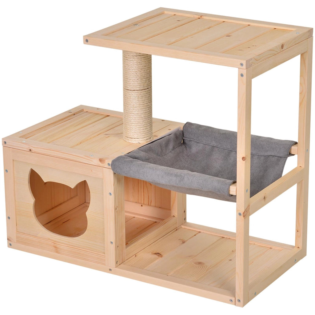 Letto per Gatti con Amaca e Tiragraffi in Legno ¨C zephmum ¨C Naturale 70x35x60 cm