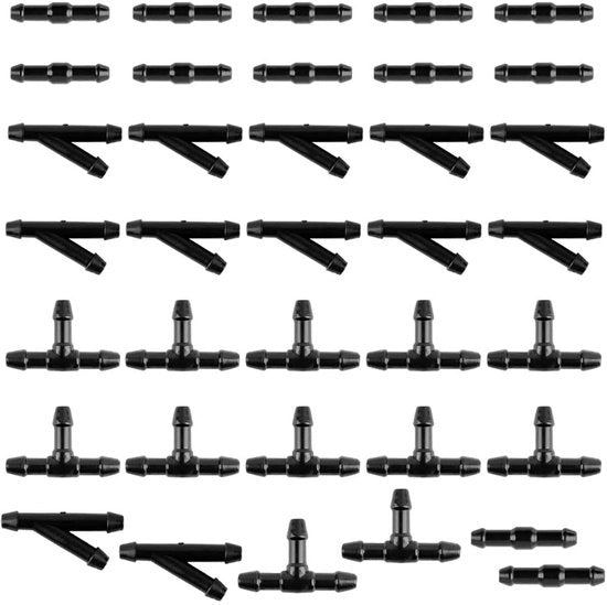 Connettori di irrigazione per vetri 32 pezzi - Flessibili 4 mm - Kit di riparazione - Connettore di tubo - Tipo I/Y/T - Alta qualità plastica.