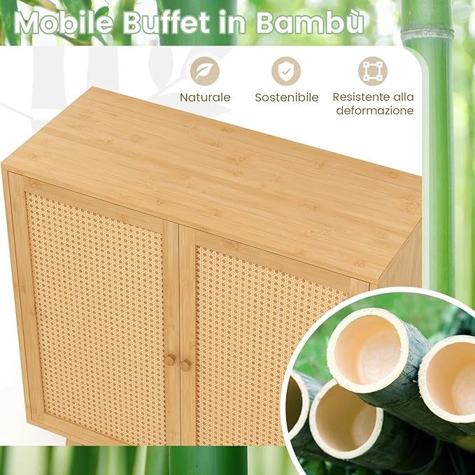 Mobile da Bagno, Armadietto Salvaspazio da Terra con Ripiano Regolabile e 2 Ante in Rattan PE, Credenza in Bambù per Soggiorno, Sala da Pranzo, Cucina e Camera da Letto, 80 x 34,5 x 85 cm