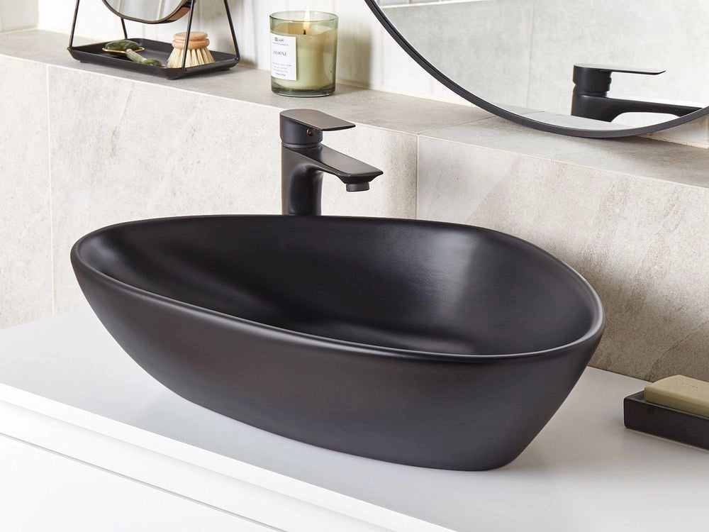 Lavabo da appoggio in ceramica nera lucida 600 x 390 mm Lavello da bagno di forma irregolare
