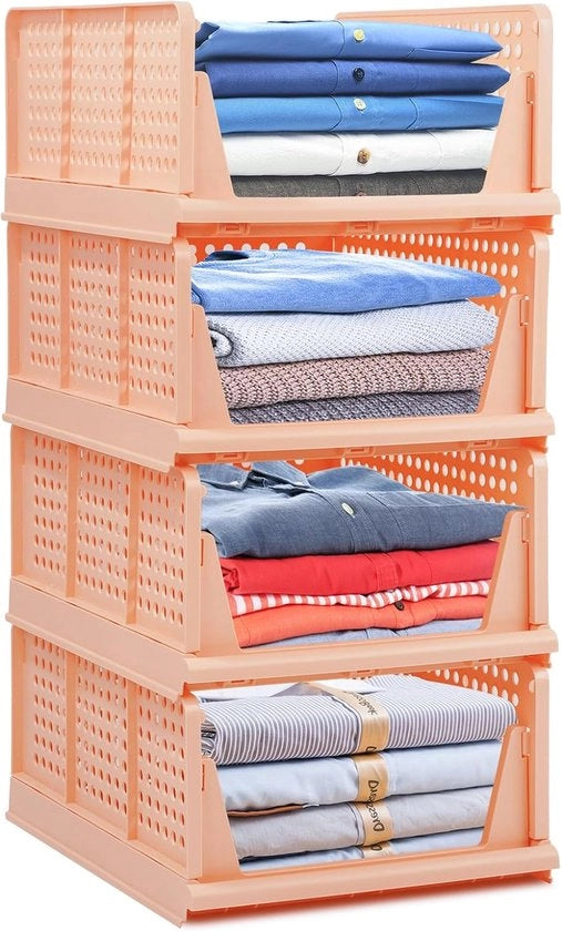 Set di 4 casse di stoccaggio pieghevoli per armadio, scatole di stoccaggio in plastica, scaffale, contenitori, pieghevoli, cucina, accessori di cassetti, casse di stoccaggio stivabili, casse di trasporto, contenitori di cassa, cubo, estensibili