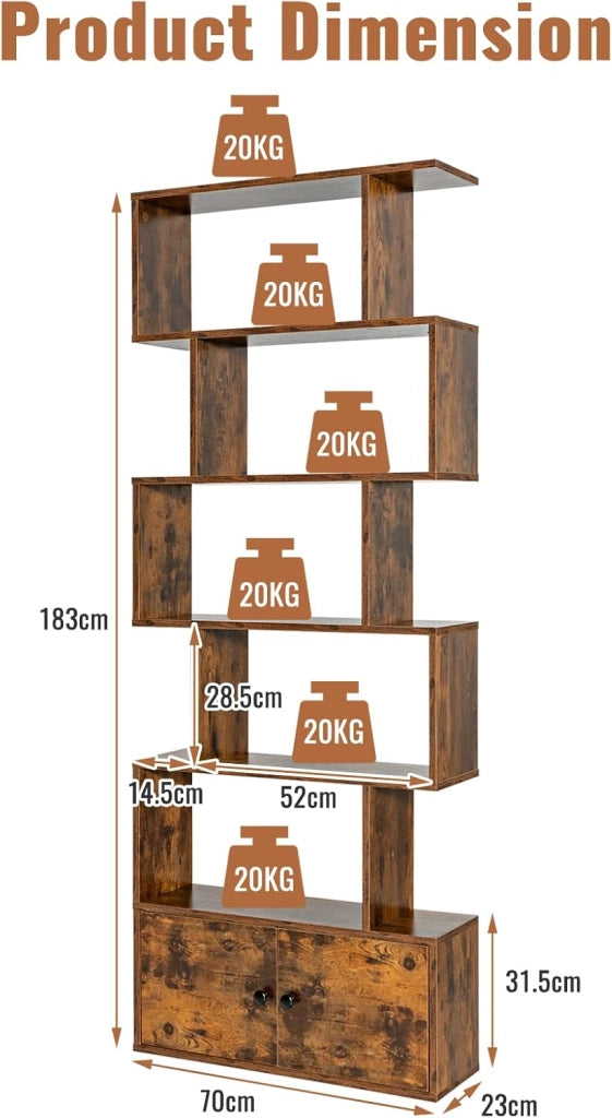 Scaffale a 6 Ripiani con cassetto, Libreria Autoportante, Scaffale da Terra, Design Moderno, 70 x 23 x 183 cm, Bianco/Marrone/Nero (Marrone)