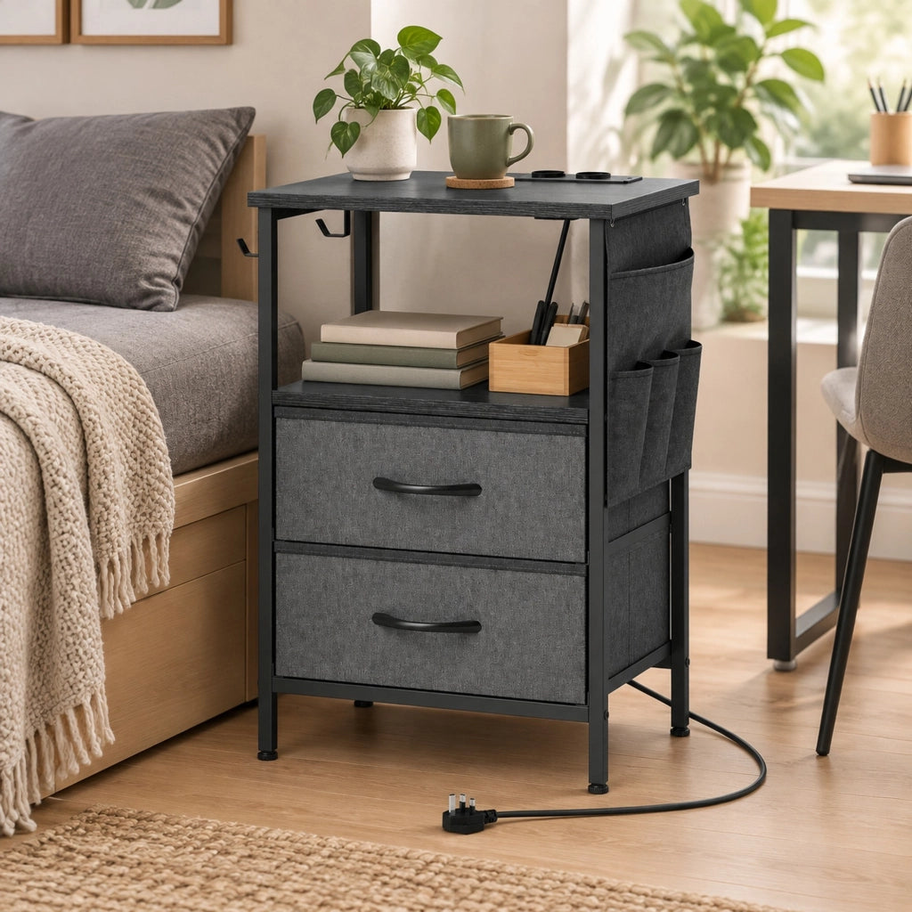 Tavolino Laterale Nero con Presa, USB-A/USB-C, 2 Cassetti e Ganci 40x30x60 cm