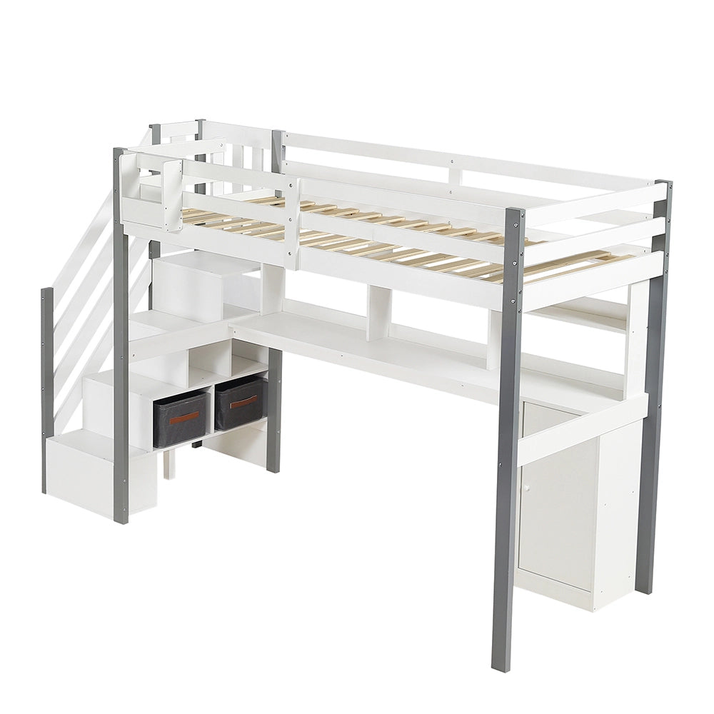 Letto mezzano con scrivania - Xylo - 90x200cm bianco/grigio, contenitore tessuto